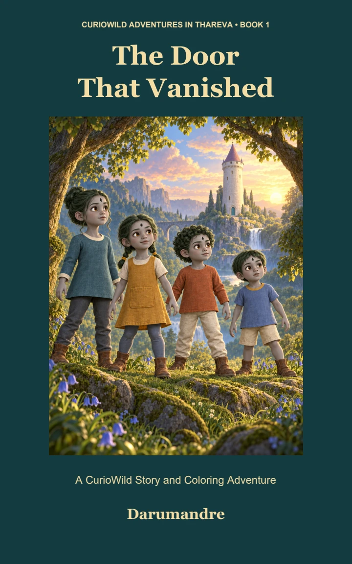 The Door That Vanished, the approved CurioWild story and coloring adventure cover by Darumandre.
