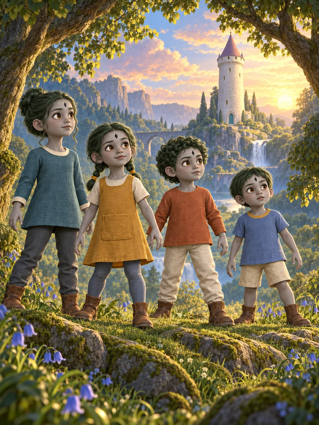 Neri, Rena, Varo and Tavi stand together beneath trees, with a tower beyond a waterfall.